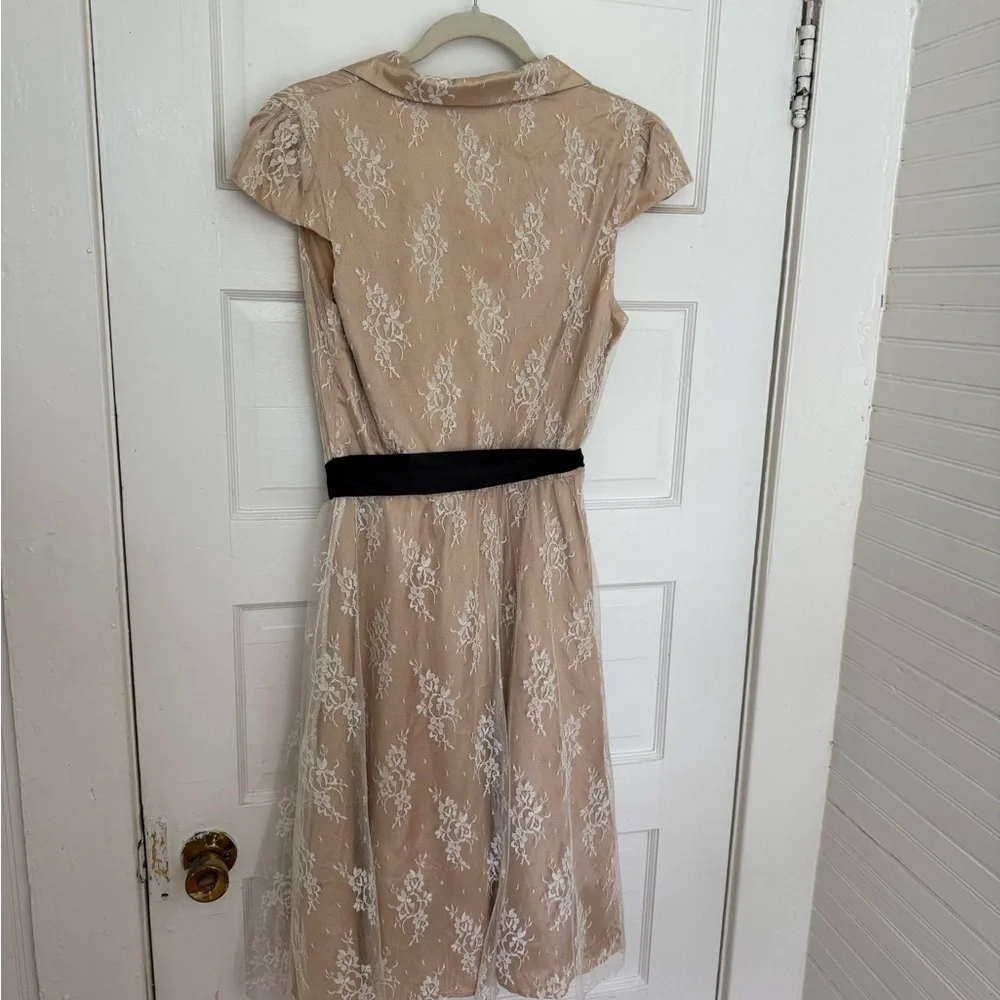 Lace Midi Dress in Beige with Black Sash - Picture 2 of 2